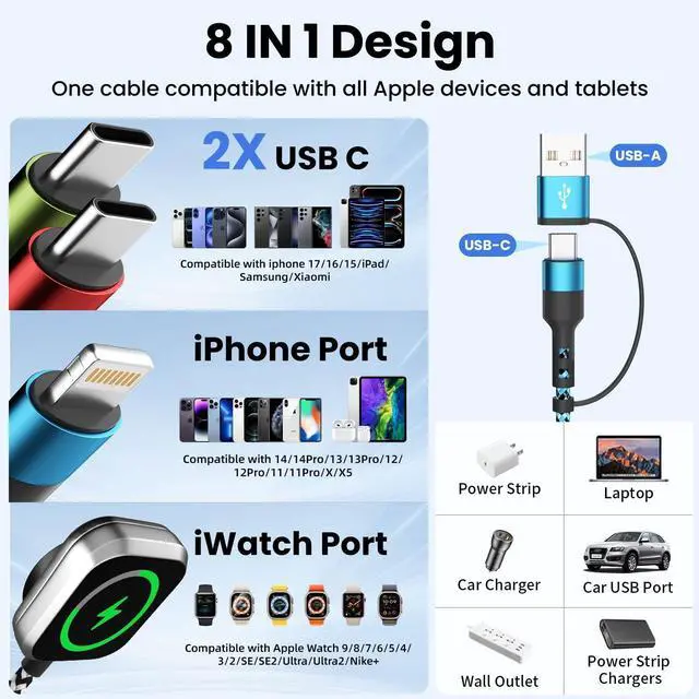 Alt view image 7 of 10 - Travel Essentials,USB A/C 4 in 2 Multi Charging Cable for i Watch Charger/Type C Charger/IP Port,Travel Chargers for Multiple Devices, Portable Designed for iWatch &iPhone 17-12 5FT