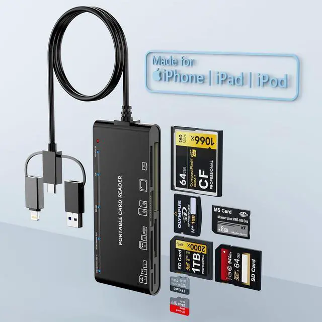 Alt view image 8 of 14 - 7-in-3 Lightning & USB-C & USB3.0 Multi Card Reader, SD CF XD MS Micro SD TF Card Reader for iPhone/iPad, Memory Card Reader High-Speed Trail Camera Viewer, Plug and Play, Simultaneously Read/Write