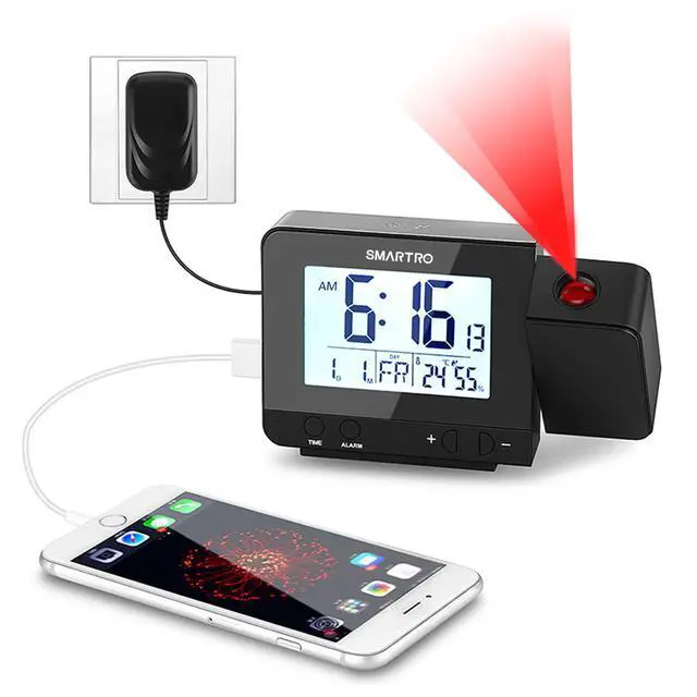 Alt view image 8 of 14 - Digital Projection Alarm Clock for Bedrooms with Indoor Thermometer Hygrometer, USB Charger, Bedside Projector, Travel, AC and Battery Operated
