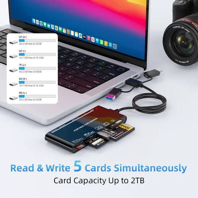 Alt view image 13 of 14 - 7-in-3 Lightning & USB-C & USB3.0 Multi Card Reader, SD CF XD MS Micro SD TF Card Reader for iPhone/iPad, Memory Card Reader High-Speed Trail Camera Viewer, Plug and Play, Simultaneously Read/Write