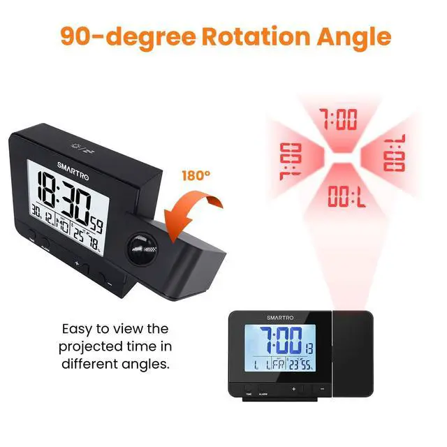 Alt view image 11 of 14 - Digital Projection Alarm Clock for Bedrooms with Indoor Thermometer Hygrometer, USB Charger, Bedside Projector, Travel, AC and Battery Operated