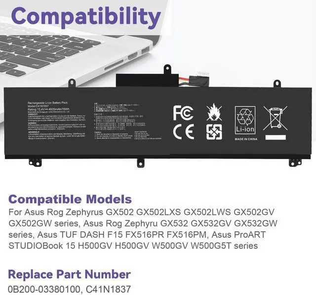 Alt view image 11 of 12 - C41N1837 Laptop Battery for ASUS ROG Zephyrus G15 GA501I GA502 GA502D GA502DU GA502GU GA502IV GU502 GU502DU GX502GW GX532GV GU532GW GU502LU GU502LW GU502LV GX502LXS GX502GV GX502GW 0B200-03380100