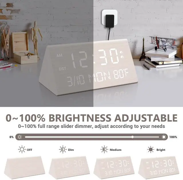 Alt view image 10 of 14 - Wooden Digital Alarm Clock, 0-100% Dimmer, 2 Alarm Settings, Weekday/Everyday Mode, 9 Mins Snooze, 12/24H, Temperature and Date Display for Office, Travel, Bedroom Alarm Clock (White)