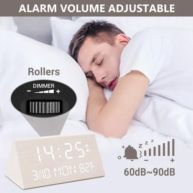 Alt view image 12 of 14 - Wooden Digital Alarm Clock, 0-100% Dimmer, 2 Alarm Settings, Weekday/Everyday Mode, 9 Mins Snooze, 12/24H, Temperature and Date Display for Office, Travel, Bedroom Alarm Clock (White)