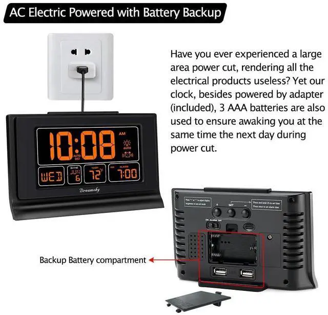 Alt view image 11 of 12 - Digital Alarm Clock with Battery Backup, 5 Inch Large Display, Auto Set Clock, USB Charging Ports, 12/24H