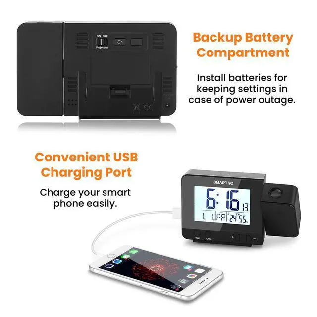 Alt view image 13 of 14 - Digital Projection Alarm Clock for Bedrooms with Indoor Thermometer Hygrometer, USB Charger, Bedside Projector, Travel, AC and Battery Operated