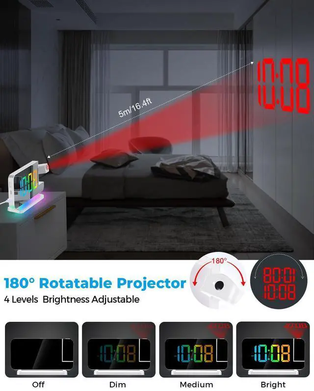 Alt view image 10 of 14 - Projection Alarm Clock,7.4" LED Mirror Digital Clocks Large Display,with 180° Rotatable Projector,RGB Night Light,USB C Port,Auto Dimming,Modern Desk Clock for Bedroom Decor - White