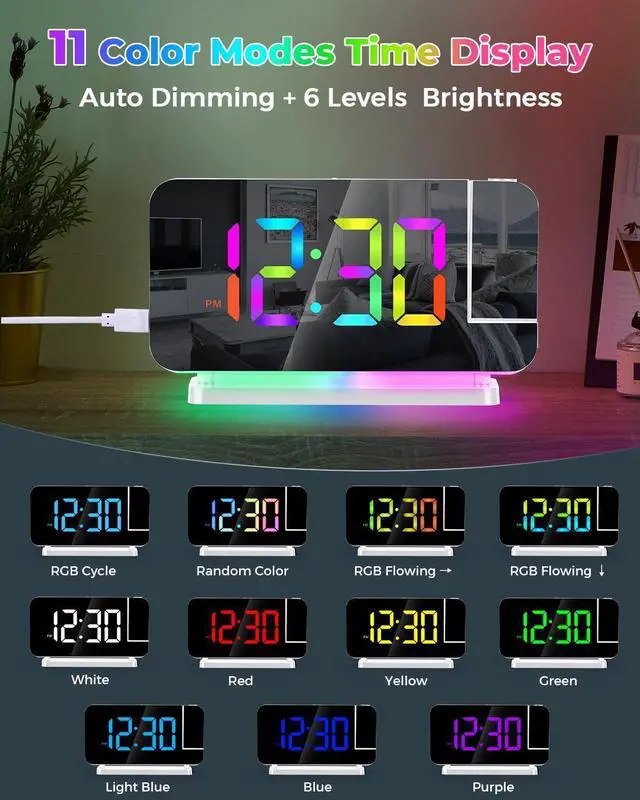 Alt view image 12 of 14 - Projection Alarm Clock,7.4" LED Mirror Digital Clocks Large Display,with 180° Rotatable Projector,RGB Night Light,USB C Port,Auto Dimming,Modern Desk Clock for Bedroom Decor - White