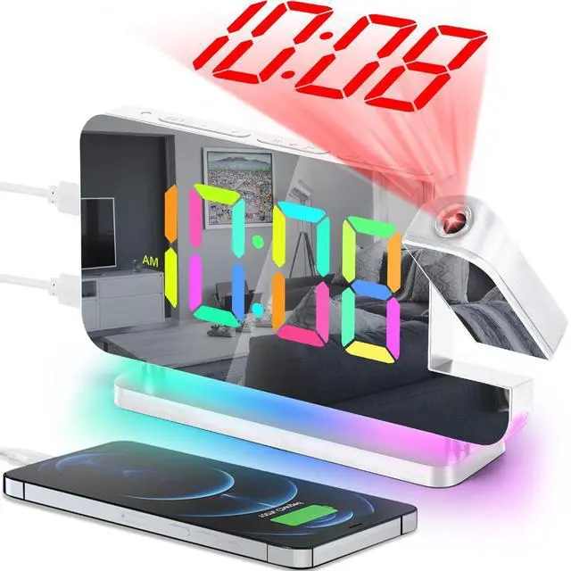 Alt view image 8 of 14 - Projection Alarm Clock,7.4" LED Mirror Digital Clocks Large Display,with 180° Rotatable Projector,RGB Night Light,USB C Port,Auto Dimming,Modern Desk Clock for Bedroom Decor - White
