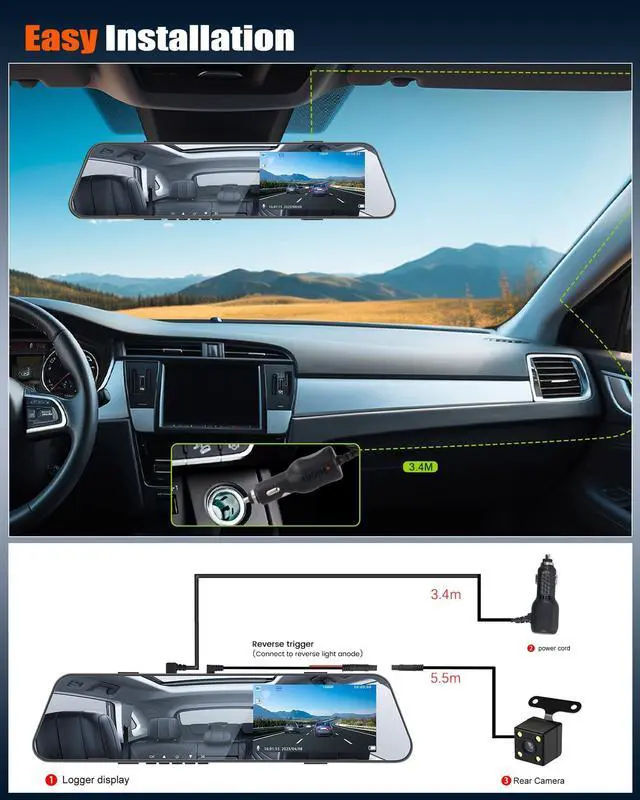 Alt view image 14 of 14 - Mirror Dash Cam for Cars,4.5 Inch Rear View Mirror 1080P Front and Rear View Dual Cameras,Super Night Vision,Parking Assistance,24H Parking Monitor,Waterproof Backup Camera
