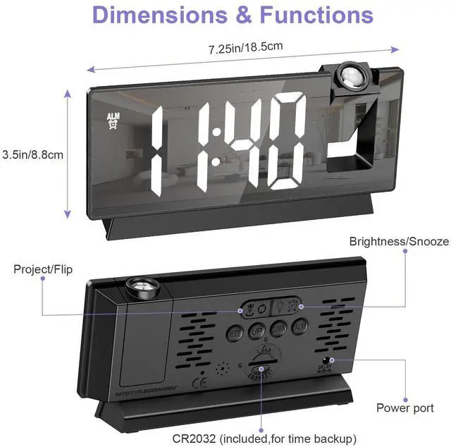Alt view image 14 of 14 - Projection Alarm Clock, Large Screen Projector Clock for Bedroom Ceiling, Digital Clock with 180° Projector, 4 Levels Brightness, Alarm Clock Projector with Temperature Date Snooze 12H/24H