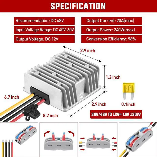 Alt view image 9 of 14 - 48V to 12V Voltage Converter 240W 20A Regulator Step Down to 12VDC Waterproof DC Convert Reducer Power Supply Transformer Module for Golf Cart Scooters Trucks