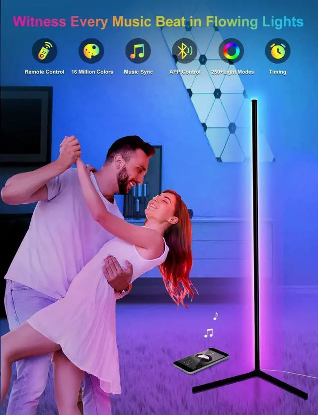 Alt view image 9 of 14 - Corner Floor Lamp,65 Color Changing LED Floor Lamp with Music Sync,Modern Mood Lighting Corner Lamp with Remote & App Control, Creative DIY Mode & Timing,RGB Floor Lamps for Living Room Gaming Room