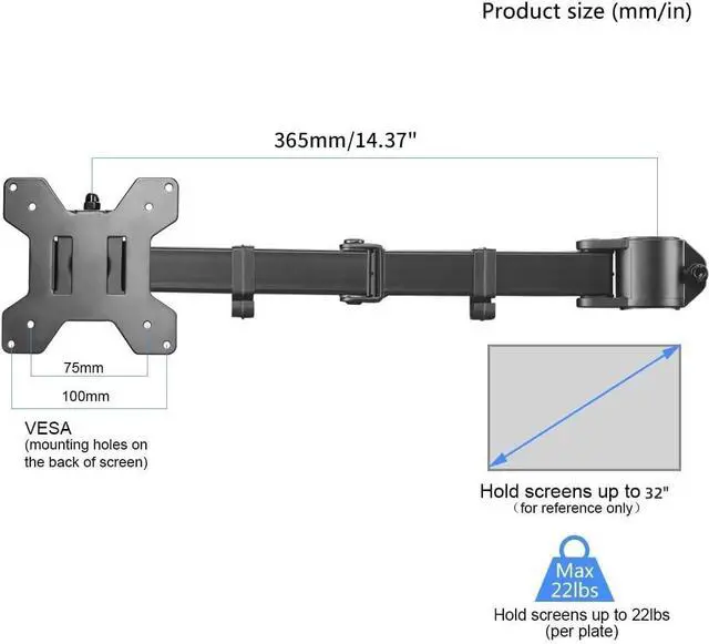 Alt view image 8 of 10 - Single Monitor Arm for Desk Mount Stand,Adjustable Monitor Arm for 13 to 32 inch Screen,Support Weight up to 22lbs,and Mounting Holes 75x75mm to 100x100mm,Black(MD6DB)