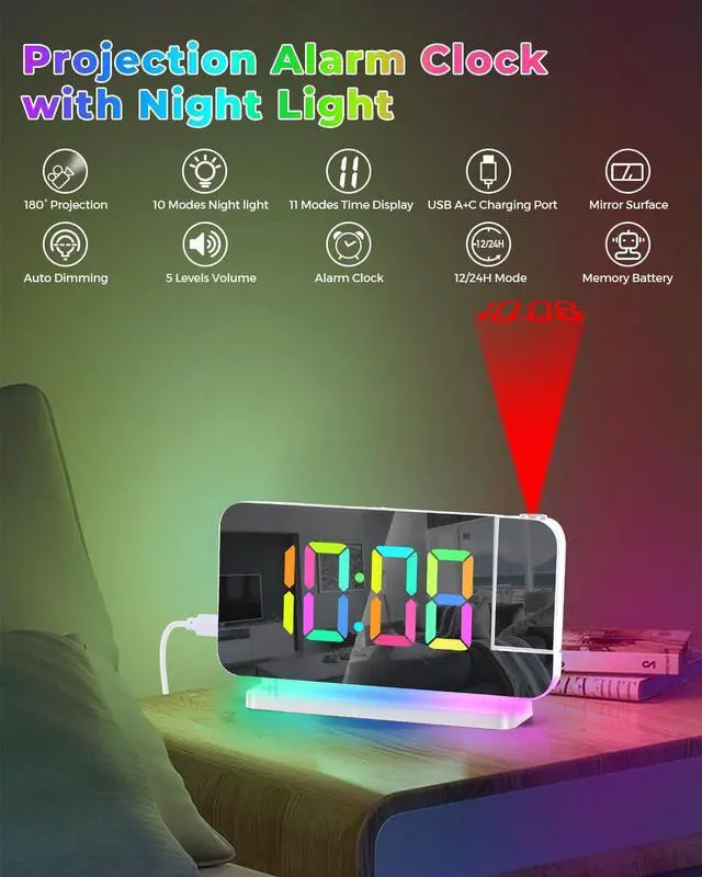 Alt view image 9 of 14 - Projection Alarm Clock,7.4" LED Mirror Digital Clocks Large Display,with 180° Rotatable Projector,RGB Night Light,USB C Port,Auto Dimming,Modern Desk Clock for Bedroom Decor - White