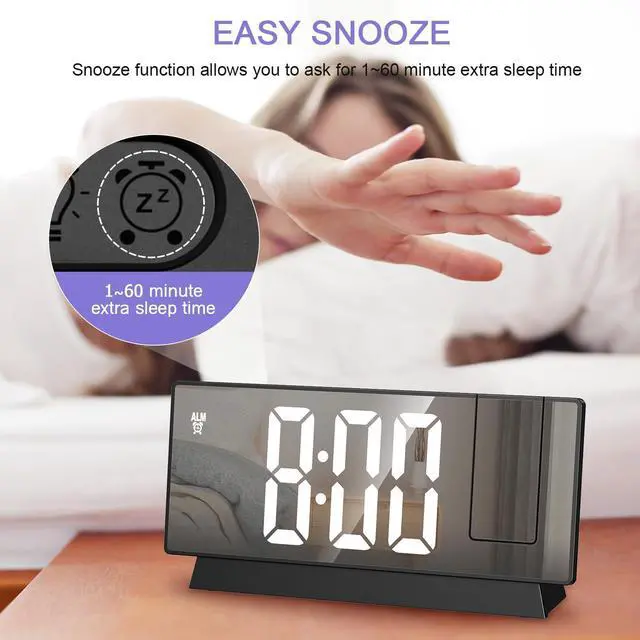 Alt view image 13 of 14 - Projection Alarm Clock, Large Screen Projector Clock for Bedroom Ceiling, Digital Clock with 180° Projector, 4 Levels Brightness, Alarm Clock Projector with Temperature Date Snooze 12H/24H