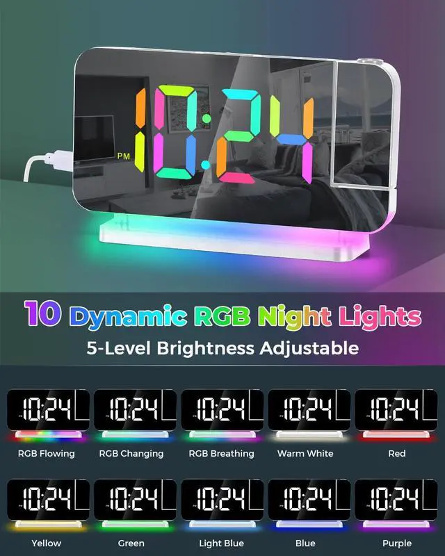 Alt view image 11 of 14 - Projection Alarm Clock,7.4" LED Mirror Digital Clocks Large Display,with 180° Rotatable Projector,RGB Night Light,USB C Port,Auto Dimming,Modern Desk Clock for Bedroom Decor - White