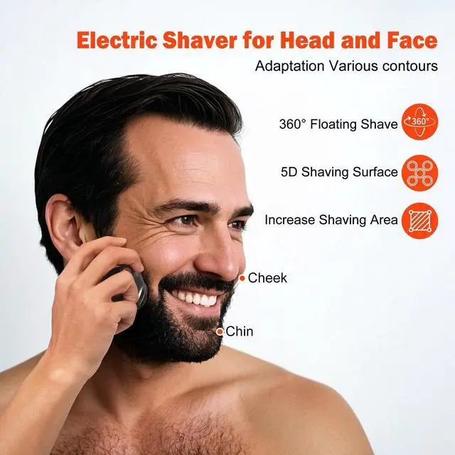 Alt view image 10 of 12 - 5D Head Shaver for Bald Men, IPX7 Waterproof Electric Shaver with LED Display, 2-Speed Cordless Rotary Razor for Face Nose Beard, Wet/Dry USB-C Charging Gift for Men