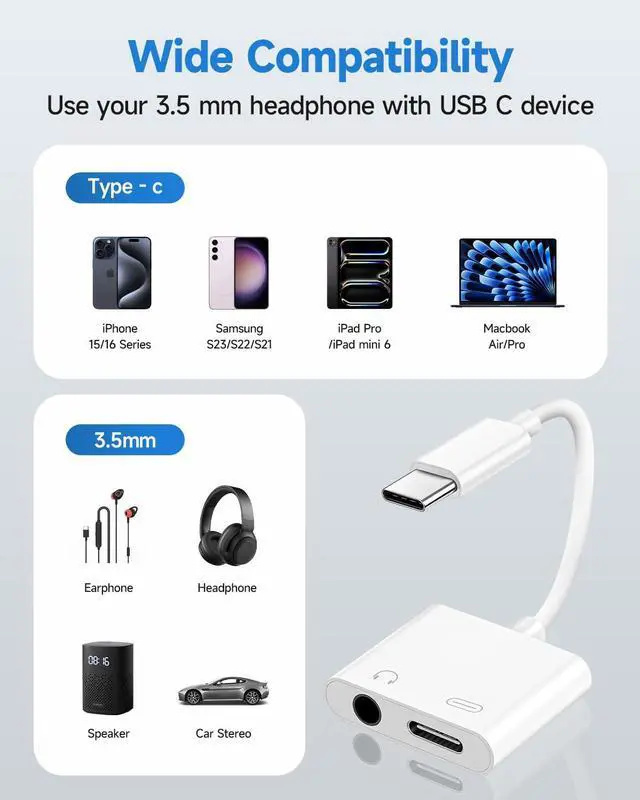 Alt view image 13 of 14 - USB C to 3.5mm Headphone and Charger Adapter, Type C to Aux Jack Dongle Cable Cord with PD Fast Charging for iPhone 15/16/17 Pro/Max/Plus, iPad, Samsung Galaxy S22/S23/S24 Ultra, Note 20(5-Pack)