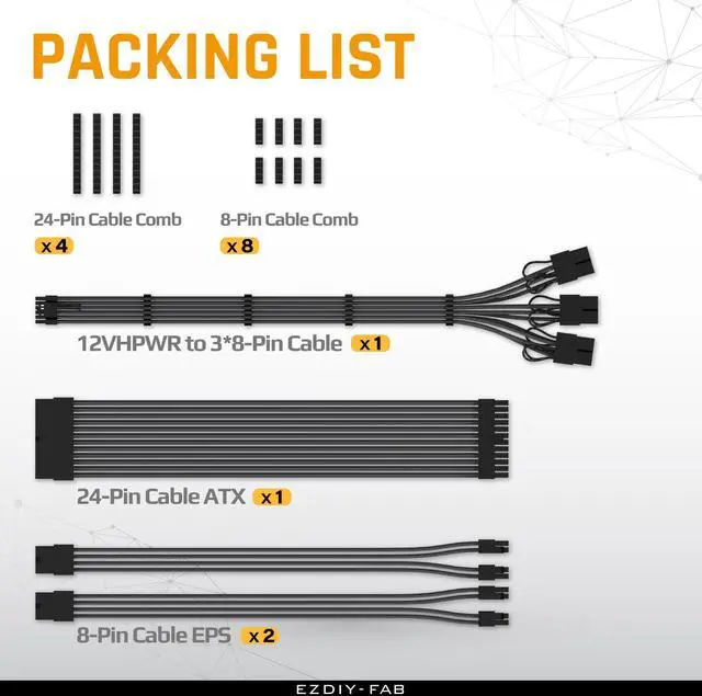 Alt view image 13 of 14 - PCIE 5.0 12VHPWR Sleeved Cable Kit, 16AWG Power Supply Cable Extension, PC PSU Sleeved Cable, 24PIN-ATX/(4+4) PIN-EPS/(12+4) PIN to 3X 8 PIN PCIE- RTX4080/4070Ti Extension Cable- Black