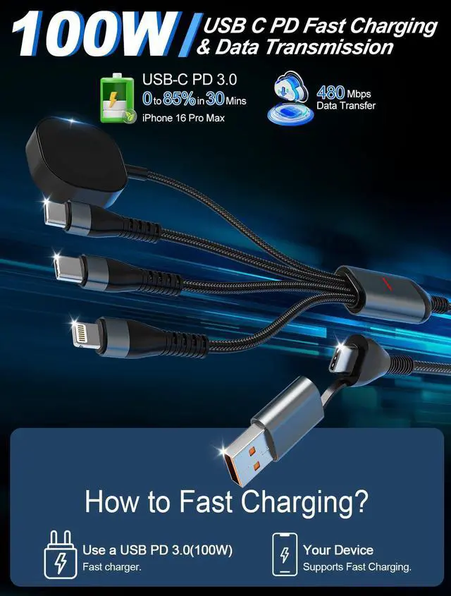 Alt view image 11 of 14 - 100W 2 USB C Multi Charging Cable for Apple Watch - 10ft USB C Fast Charging Cord with Dual USB-C (100W/10W), Lightning & Magnetic Apple Watch Charger, Braided for iPhone 17-14, iPad, Galaxy S24/S23