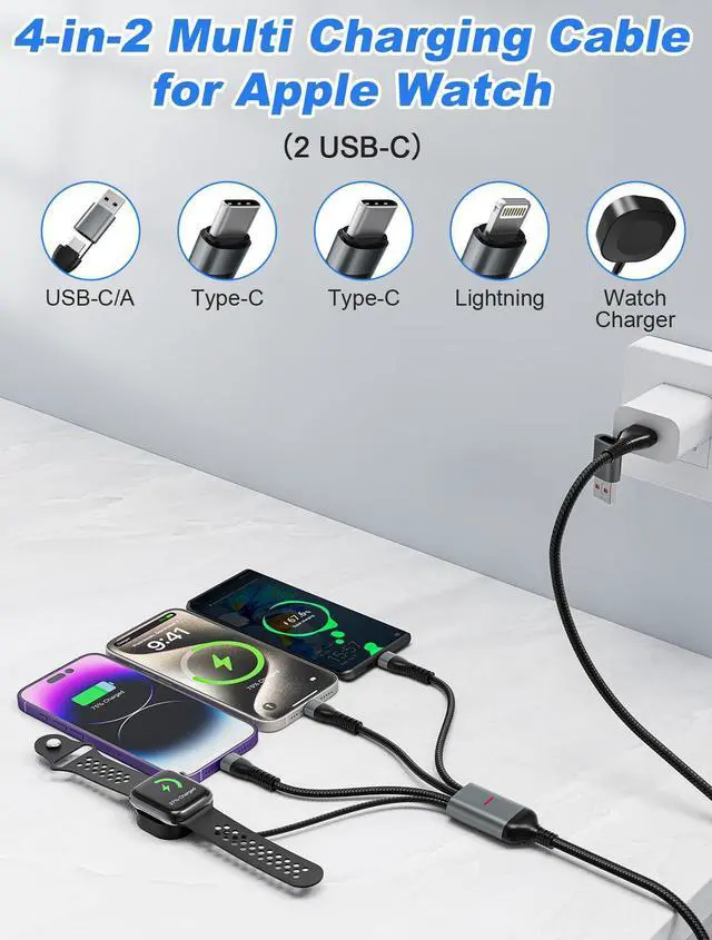 Alt view image 10 of 14 - 100W 2 USB C Multi Charging Cable for Apple Watch - 10ft USB C Fast Charging Cord with Dual USB-C (100W/10W), Lightning & Magnetic Apple Watch Charger, Braided for iPhone 17-14, iPad, Galaxy S24/S23