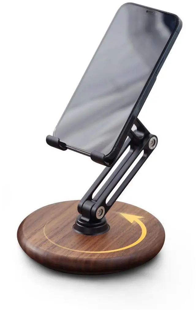 Alt view image 8 of 14 - Phone Desk Stand, Adjustable Foldable Cell Phone Stand with 360° Rotation for iPhone 16 15 14 13 Pro ipad, Mobile Phones & Tablets Stable, Ergonomic Holder for Home Office, Walnut Wood Base