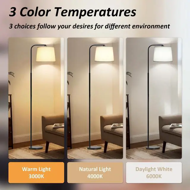 Alt view image 9 of 14 - Floor Lamp for Living Room with 3 Color Temperatures, Foot Switch Standing Lamps for Living Room, Bedroom, Office, Arc Mordern Floor Lamp with 9W LED Bulb Included