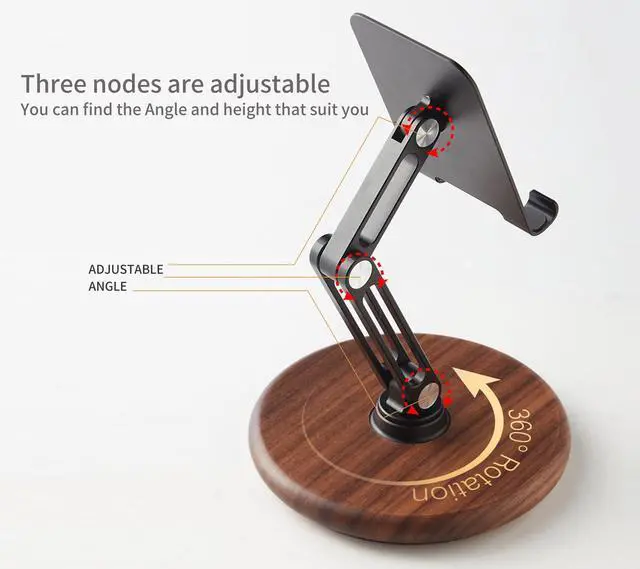 Alt view image 10 of 14 - Phone Desk Stand, Adjustable Foldable Cell Phone Stand with 360° Rotation for iPhone 16 15 14 13 Pro ipad, Mobile Phones & Tablets Stable, Ergonomic Holder for Home Office, Walnut Wood Base