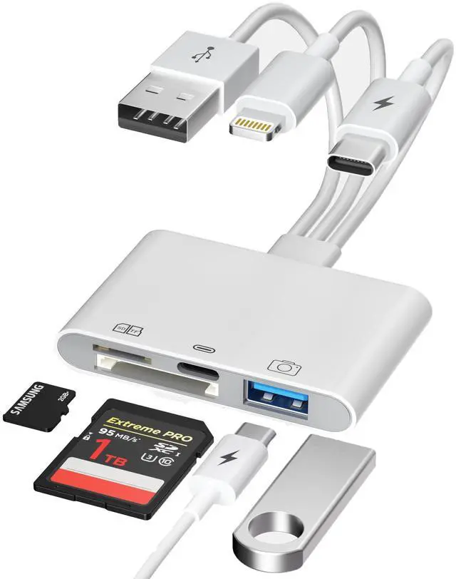 Alt view image 8 of 14 - SD Card Reader for iPhone Pad-OTG Adapter & TF/SD Card Reader with USB-C(Data/Charge/Audio)+USB-A for Digital Camera Photo Transfer,Lightning/USB/Type-C 3 Cords to Transfer Photos from Camera to Phone
