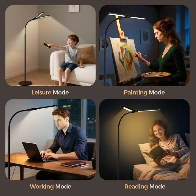 Alt view image 12 of 12 - LED Floor Lamp for Living Room, Bright Reading Lamps for Office, Adjustable Colors Temperatures&Brightness, Dual Head Goose-Neck Standing Lamp, Remote and Button Control, Eye Caring Tall Lamp, Black