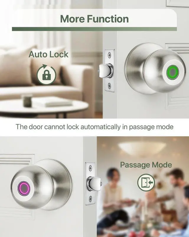 Alt view image 11 of 14 - Fingerprint Door Knob, Biometric Door Lock with Auto Lock, Passage Mode, Rechargeable Battery, Thumbprint Entry Door Knob for Bedroom, Office, Apartment & Front Door