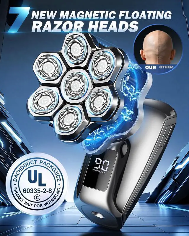 Alt view image 9 of 14 - Head Shaver for Bald Men, 7D Floating Head Electric Razor, IPX7 Waterproof Wet & Dry Bald Head Shaver with Magnetic Detachable Blade, Type-C Fast Charging LED Display, Grooming Gift for Men