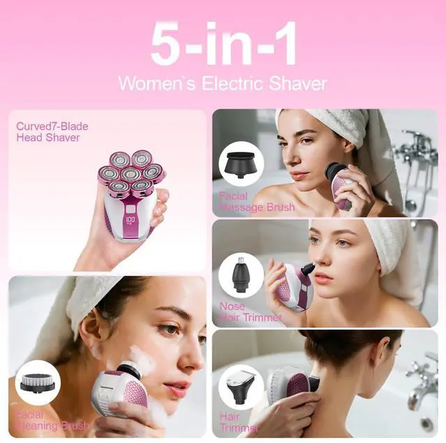 Alt view image 12 of 14 - 7D Head Shavers for Bald Women, Electric shavers for Women with LED Display, Head Shavers for Women Wet&Dry, Professional 5-in-1 Electric Head Shaver Grooming Kit for Hair/Face/BeardPink