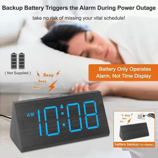 Alt view image 10 of 14 - Wooden Digital Alarm Clocks for Bedrooms - Electric Desk Clock with Large Numbers, USB Port, Loud Alarm for Heavy Sleepers, Adjustable Volume, Dimmer, DST, Wood Décor Gifts, Adapter Powered