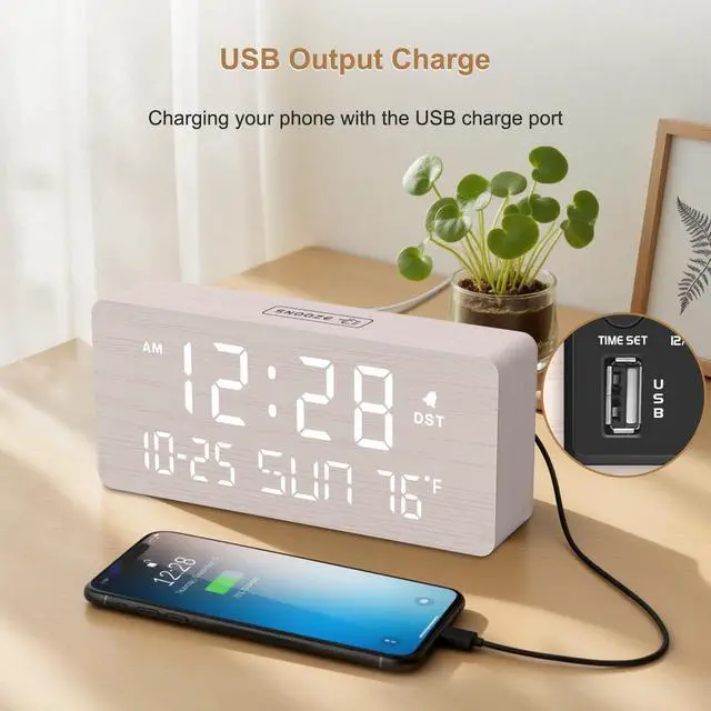 Alt view image 14 of 14 - Wooden Digital Alarm Clocks for Bedrooms - Living Room Desk Clock with Date and Day of Week, Temperature, USB Port, Dimmer Wheel, Adjustable Volume, Auto DST, Wood Decor for Office Table