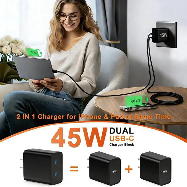 Alt view image 11 of 14 - 45W Dual Type C Charger Fast Charging for Samsung,PD 3.0 GaN Super Fast Android Phone Charger Block with Long USB C Cable 10FT/6FT for Galaxy S25/S25 Ultra/S25+/S24+/S23/S22/for iPhone 17/16/15 Series
