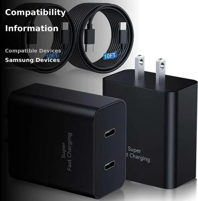 Alt view image 10 of 14 - 45W Samsung Super Fast Charger,2Pack Dual Port Samsung Charger Fast Charging,Quick Double Type C Android Phone Charger Block 10FT Long USB C Cable for Samsung Galaxy S26 Ultra/S26+/S25/S24/S23/S22/S21