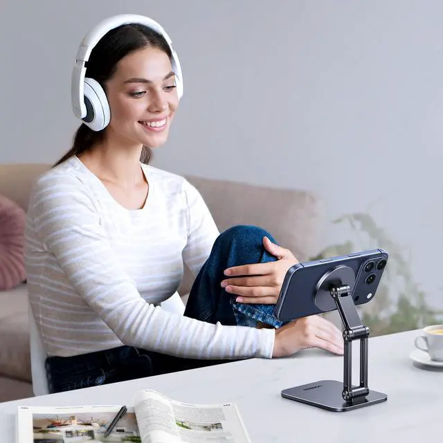 Alt view image 13 of 14 - Magnetic Phone Stand Compatible with MagSafe Holder for Desk Ergonomic Design Adjustable, Aluminum Cell Phone Stand Compatible for iPhone 17 Air 16 15 14 13 12 Pro Max and MagSafe Case, Grey