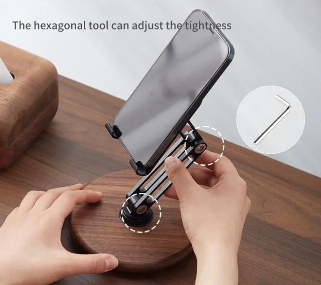 Alt view image 13 of 14 - Phone Desk Stand, Adjustable Foldable Cell Phone Stand with 360° Rotation for iPhone 16 15 14 13 Pro ipad, Mobile Phones & Tablets Stable, Ergonomic Holder for Home Office, Walnut Wood Base