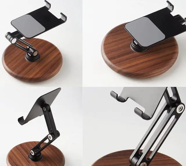 Alt view image 11 of 14 - Phone Desk Stand, Adjustable Foldable Cell Phone Stand with 360° Rotation for iPhone 16 15 14 13 Pro ipad, Mobile Phones & Tablets Stable, Ergonomic Holder for Home Office, Walnut Wood Base