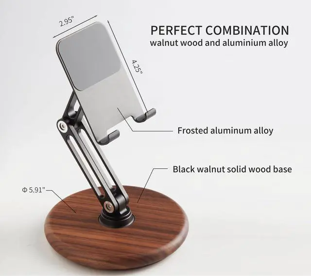 Alt view image 9 of 14 - Phone Desk Stand, Adjustable Foldable Cell Phone Stand with 360° Rotation for iPhone 16 15 14 13 Pro ipad, Mobile Phones & Tablets Stable, Ergonomic Holder for Home Office, Walnut Wood Base