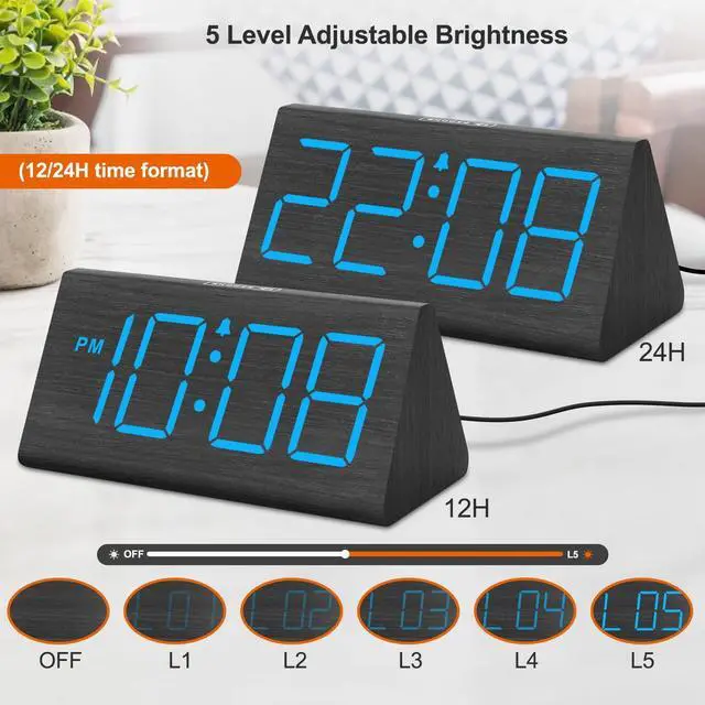 Alt view image 11 of 14 - Wooden Digital Alarm Clocks for Bedrooms - Electric Desk Clock with Large Numbers, USB Port, Loud Alarm for Heavy Sleepers, Adjustable Volume, Dimmer, DST, Wood Décor Gifts, Adapter Powered