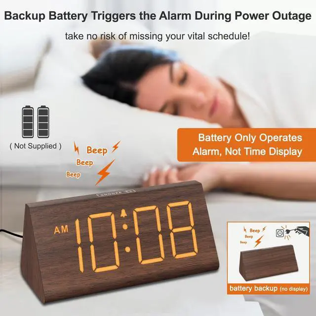 Alt view image 10 of 14 - Wooden Digital Alarm Clocks for Bedrooms - Electric Desk Clock with Large Numbers, USB Port, Loud Alarm for Heavy Sleepers, Adjustable Volume, Dimmer, Snooze, DST, Wood Décor, Adapter Powered