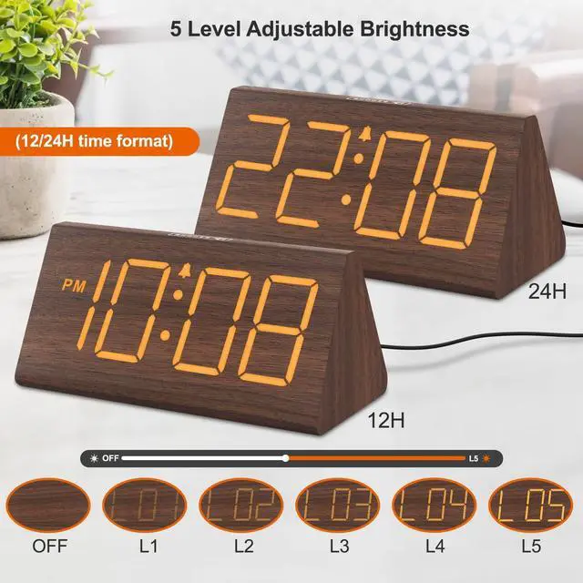 Alt view image 11 of 14 - Wooden Digital Alarm Clocks for Bedrooms - Electric Desk Clock with Large Numbers, USB Port, Loud Alarm for Heavy Sleepers, Adjustable Volume, Dimmer, Snooze, DST, Wood Décor, Adapter Powered