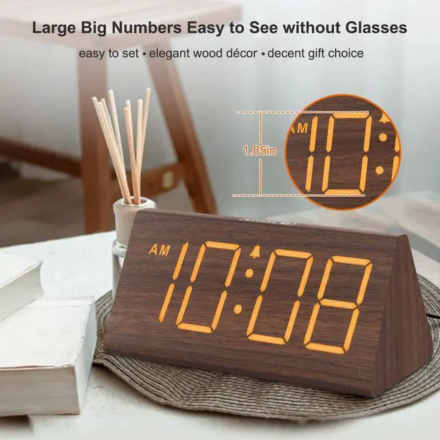 Alt view image 9 of 14 - Wooden Digital Alarm Clocks for Bedrooms - Electric Desk Clock with Large Numbers, USB Port, Loud Alarm for Heavy Sleepers, Adjustable Volume, Dimmer, Snooze, DST, Wood Décor, Adapter Powered