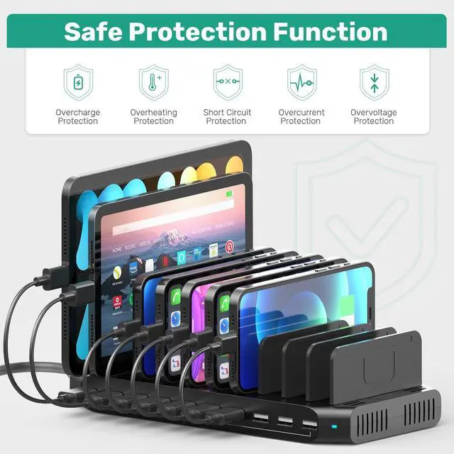 Alt view image 13 of 14 - 10-Port Multi Charging Station, 60W USB Tablet Charging Station for Multiple Devices, USB Charging Dock Multi Device Charger Organizer with Adjustable Dividers for Tablets, Smartphones