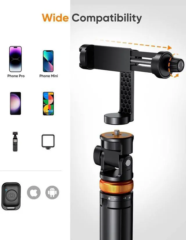 Alt view image 10 of 12 - 62" Phone Tripod, Tripod for iPhone & Selfie Stick with Remote, Extendable Cell Phone Stand & Ultimate Phone Holder, Solidest Phone Stand Compatible with iPhone/Android