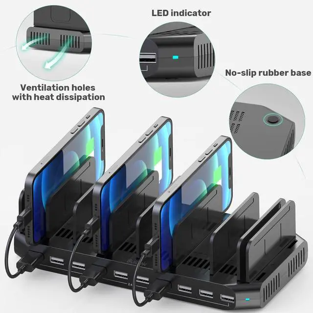Alt view image 14 of 14 - 10-Port Multi Charging Station, 60W USB Tablet Charging Station for Multiple Devices, USB Charging Dock Multi Device Charger Organizer with Adjustable Dividers for Tablets, Smartphones