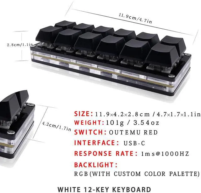 Alt view image 9 of 14 - 12 Key Mechanical Gaming Keyboard One Handed Keypad USB-C Wired OSU Keypad Programmable and Hot Swappable Keyboard.